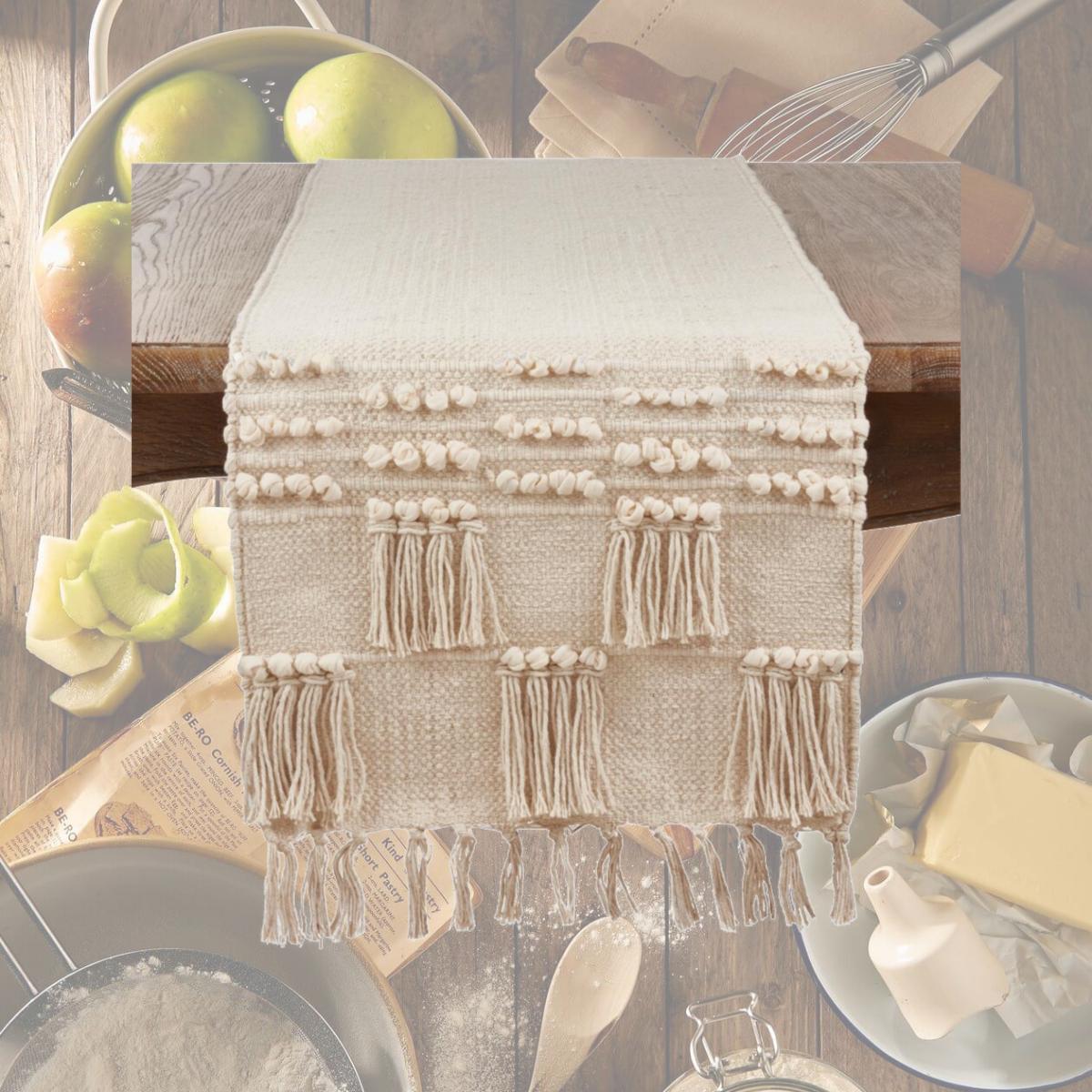 Picture of SARO 3203.I1672B Table Runner Cloth with Tassel &amp; Moroccan Design  Ivory