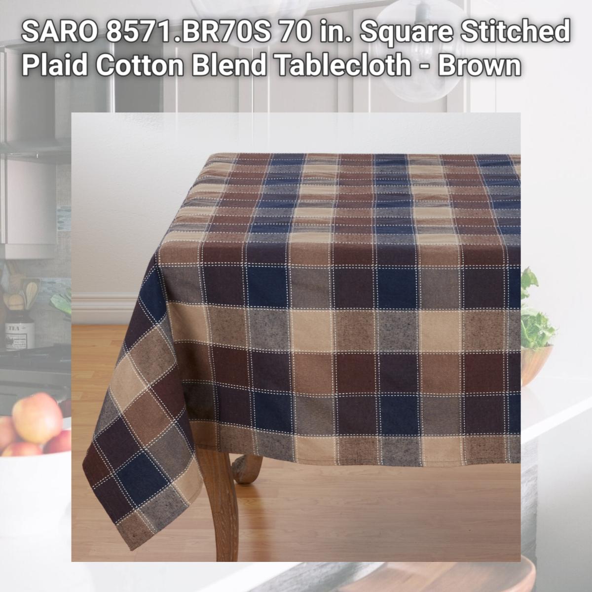 Picture of SARO 8571.BR70S 70 in. Square Stitched Plaid Cotton Blend Tablecloth - Brown
