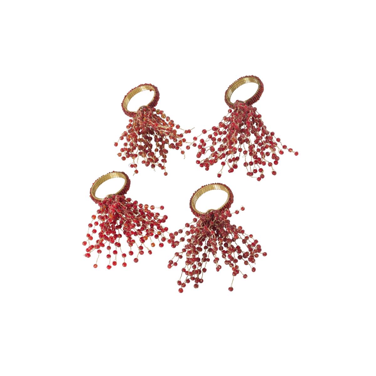 Picture of SARO NR389.R Beaded Spray Design Napkin Ring  Red - Set of 4