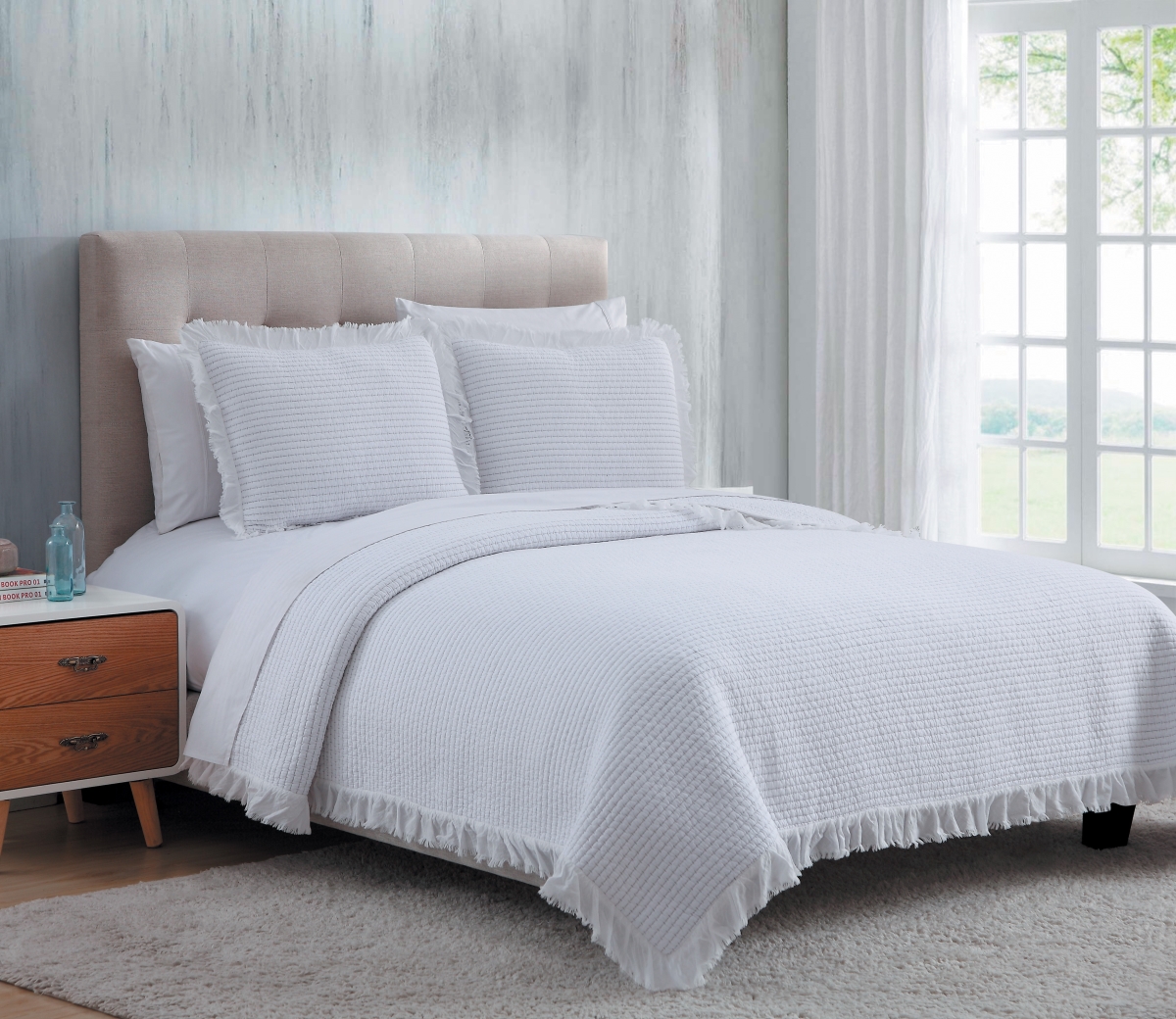 Q170.w6990 Beautiful Cotton Quilt Set With Textured Design & Fringed Borders, White