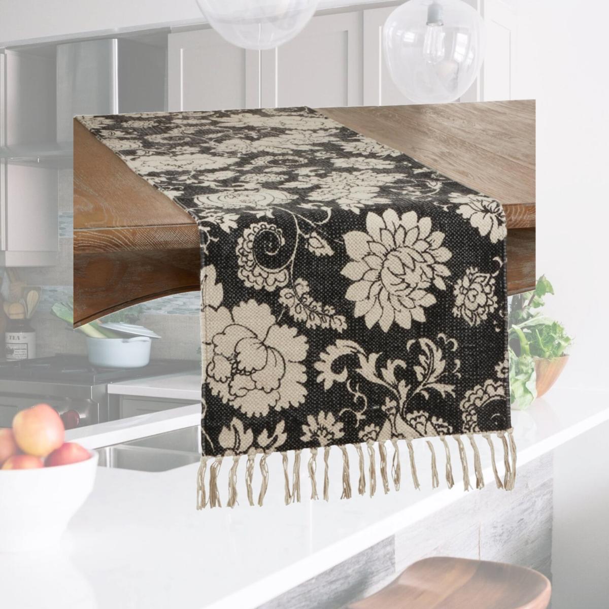 Picture of SARO 6102.BK1672B 16 x 72 in. Oblong Fringed Table Runner with Black Floral Design