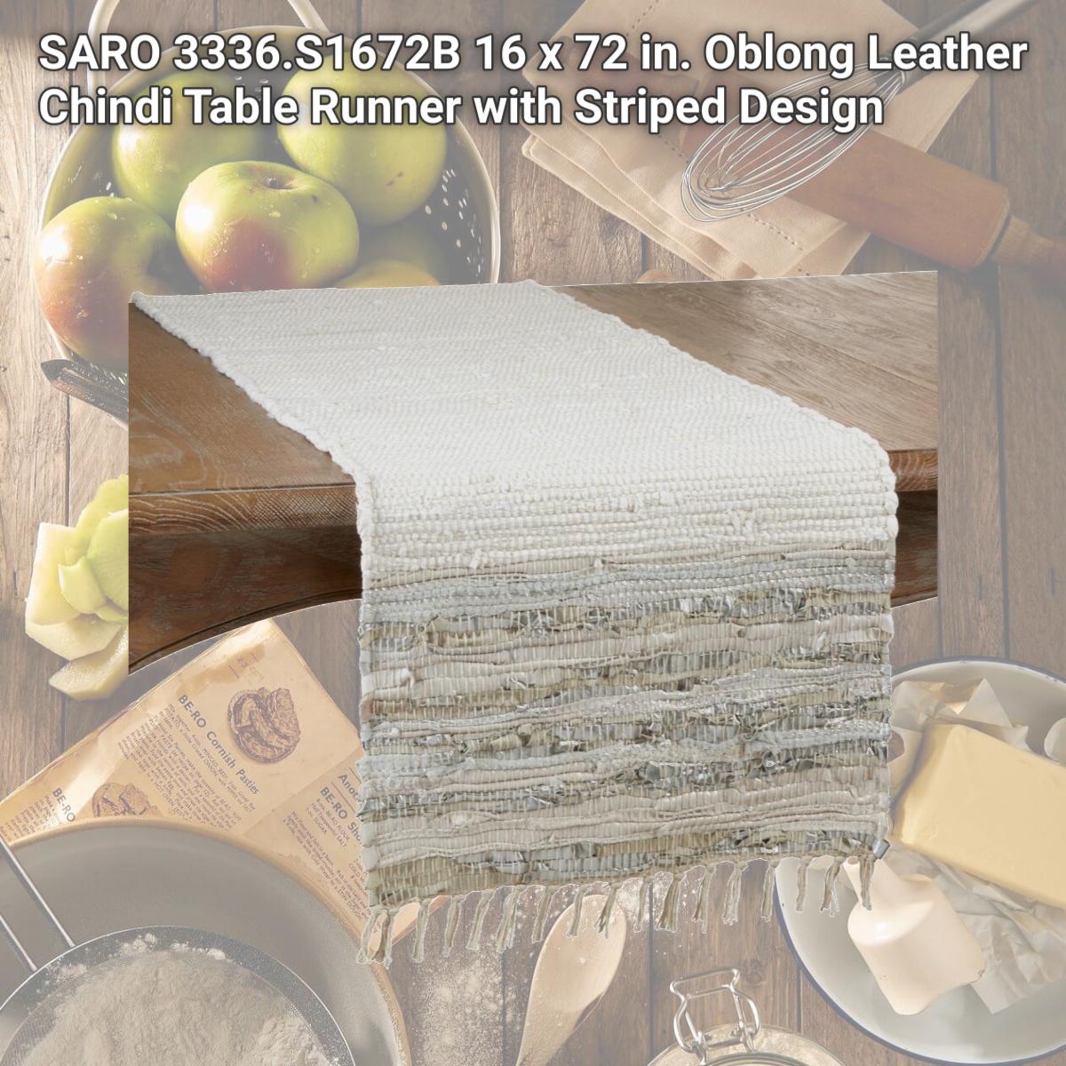 Picture of SARO 3336.S1672B 16 x 72 in. Oblong Leather Chindi Table Runner with Striped Design