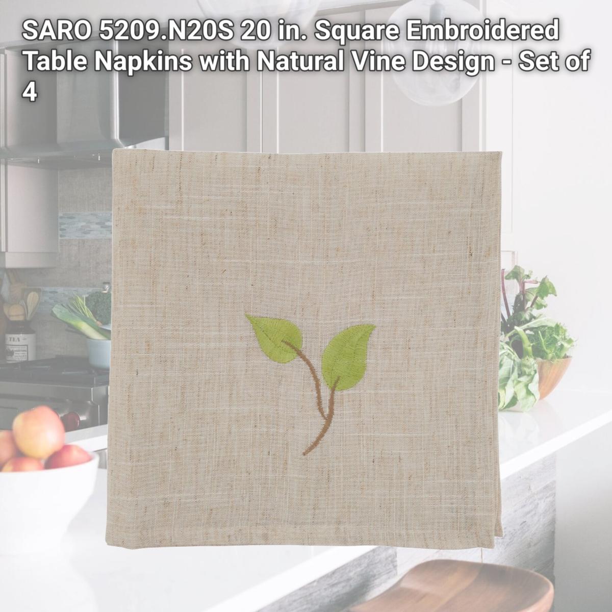 Picture of SARO 5209.N20S 20 in. Square Embroidered Table Napkins with Natural Vine Design - Set of 4