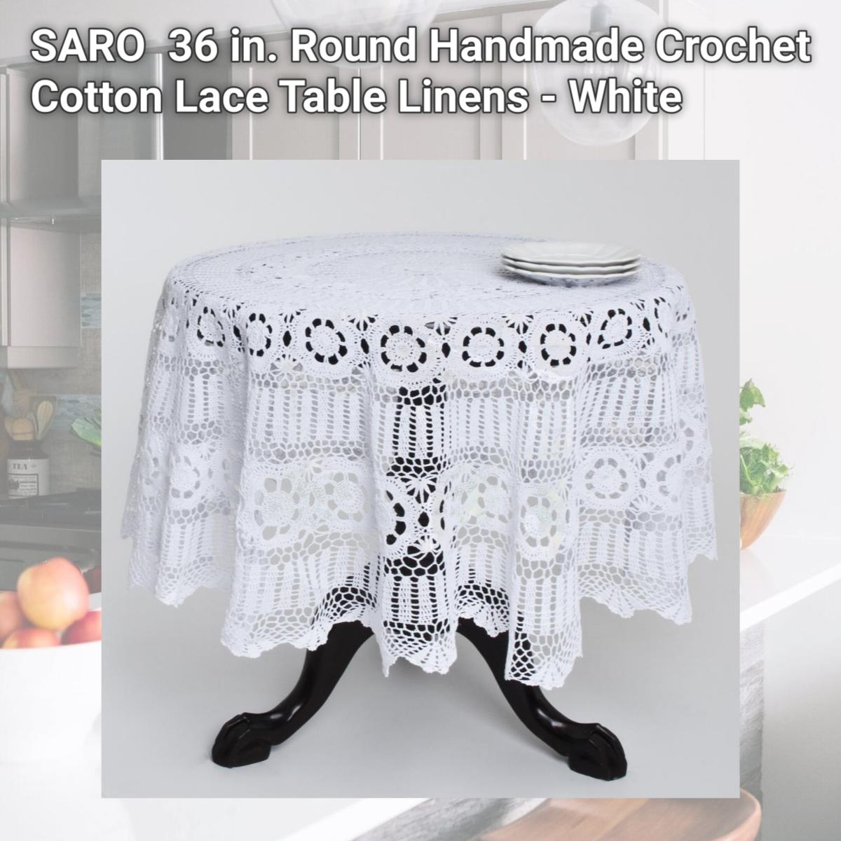 Picture of SARO 869.W36R 36 in. Round Handmade Crochet Cotton Lace Table Linens - White