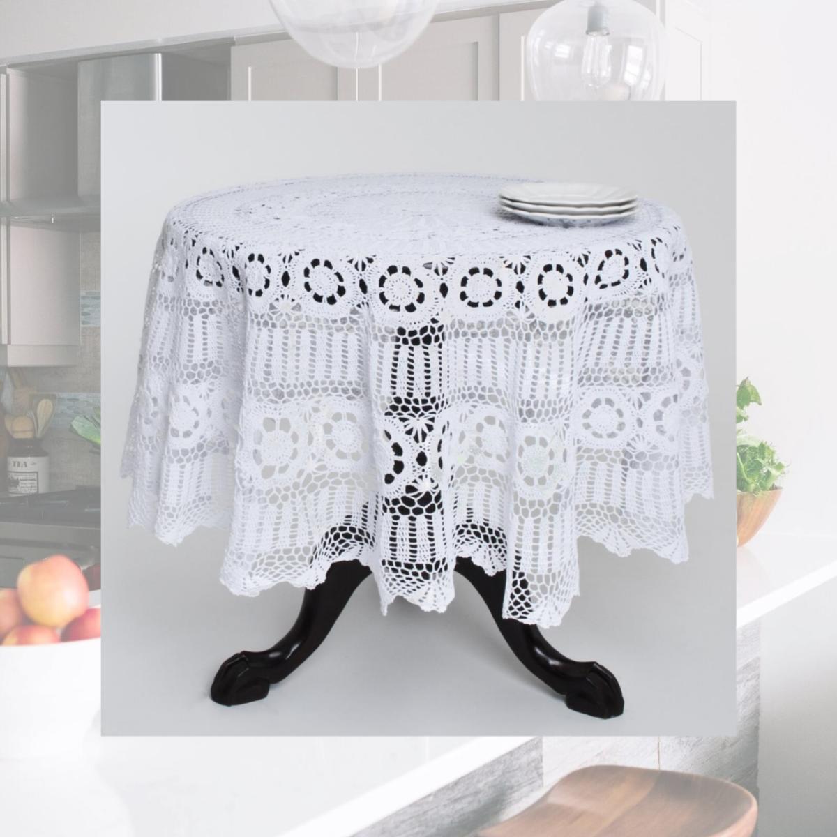 Picture of SARO 869.W36R 36 in. Round Handmade Crochet Cotton Lace Table Linens - White
