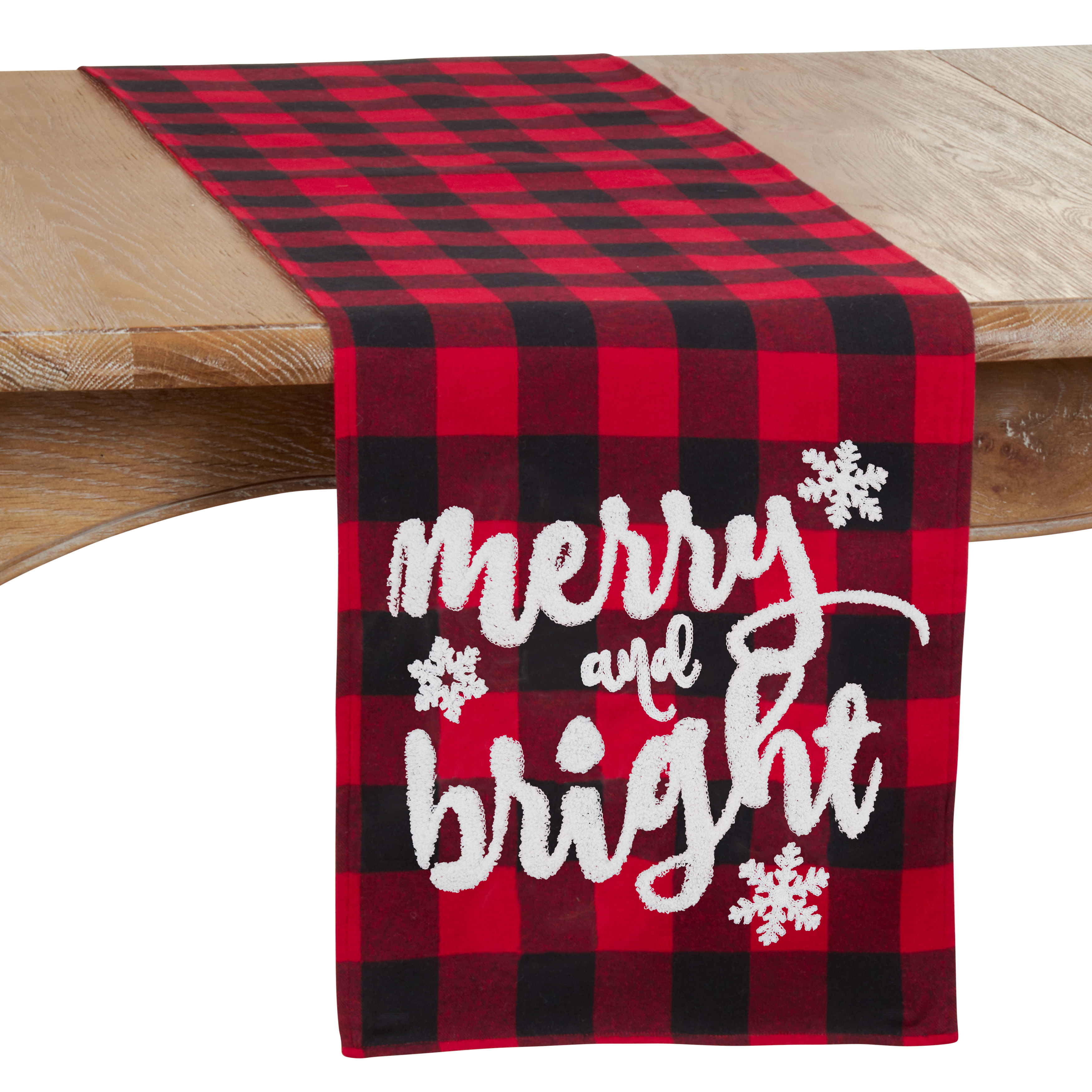 SARO  Buffalo Plaid Table Runner with Merry &amp; Bright Design