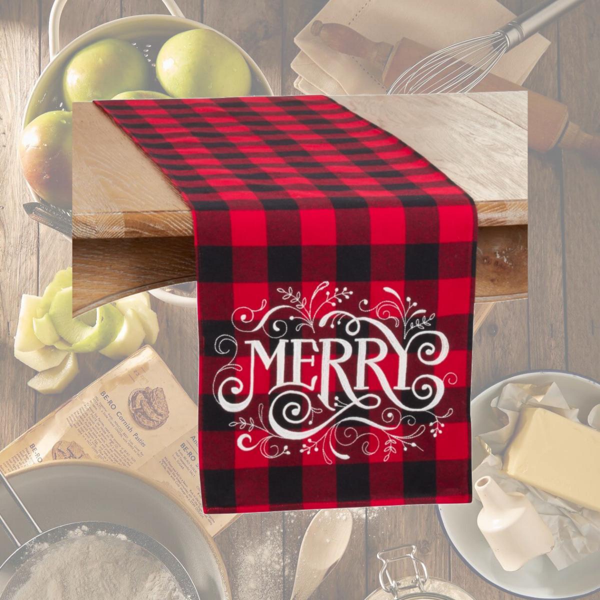 Picture of SARO 6627.R1472B Buffalo Plaid Table Runner with Merry Design