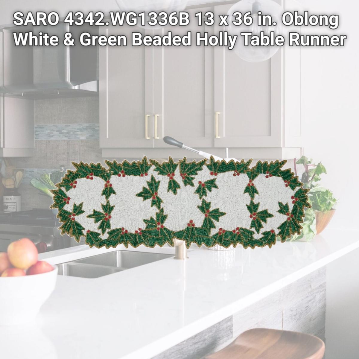 Picture of SARO 4342.WG1336B 13 x 36 in. Oblong White &amp; Green Beaded Holly Table Runner