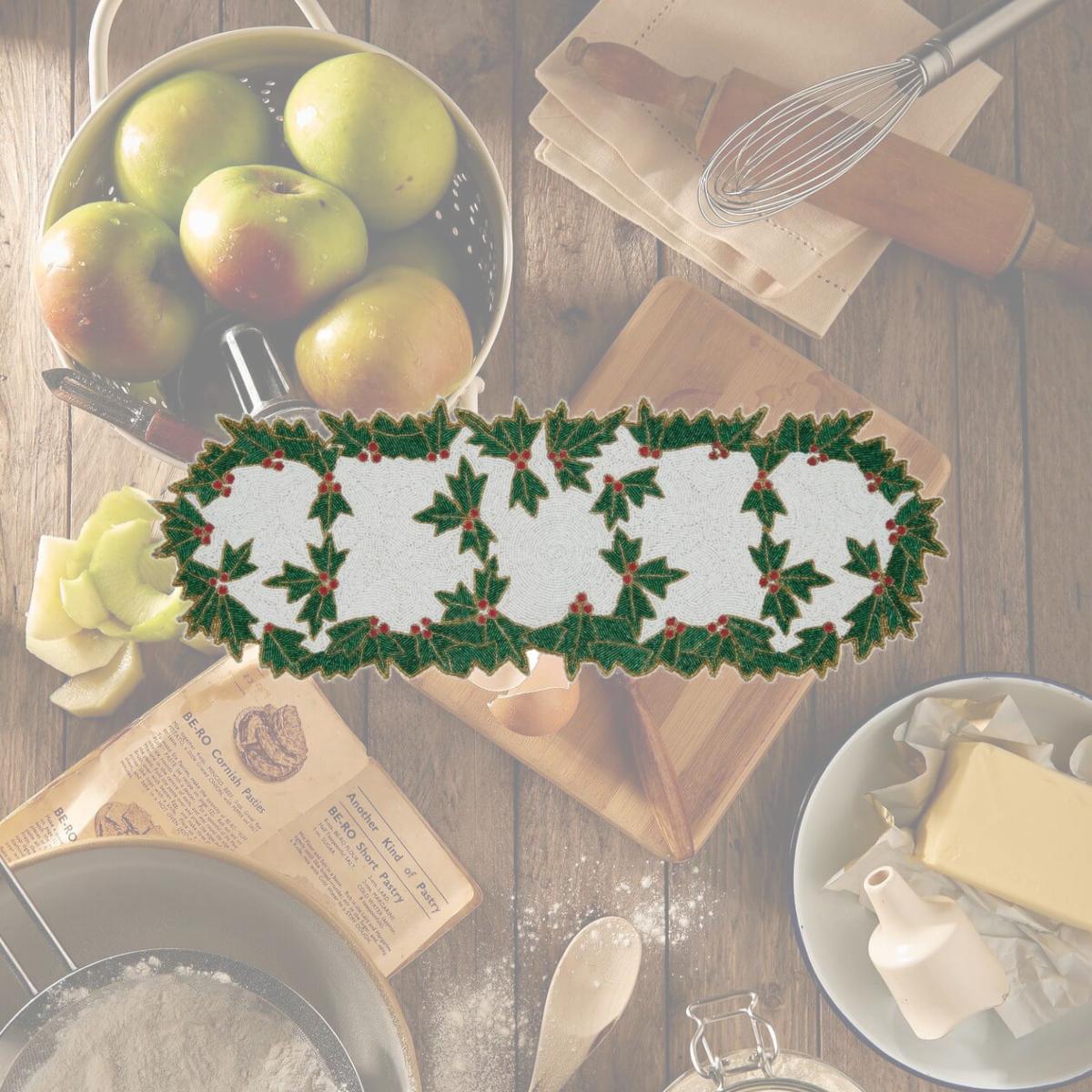 Picture of SARO 4342.WG1336B 13 x 36 in. Oblong White &amp; Green Beaded Holly Table Runner