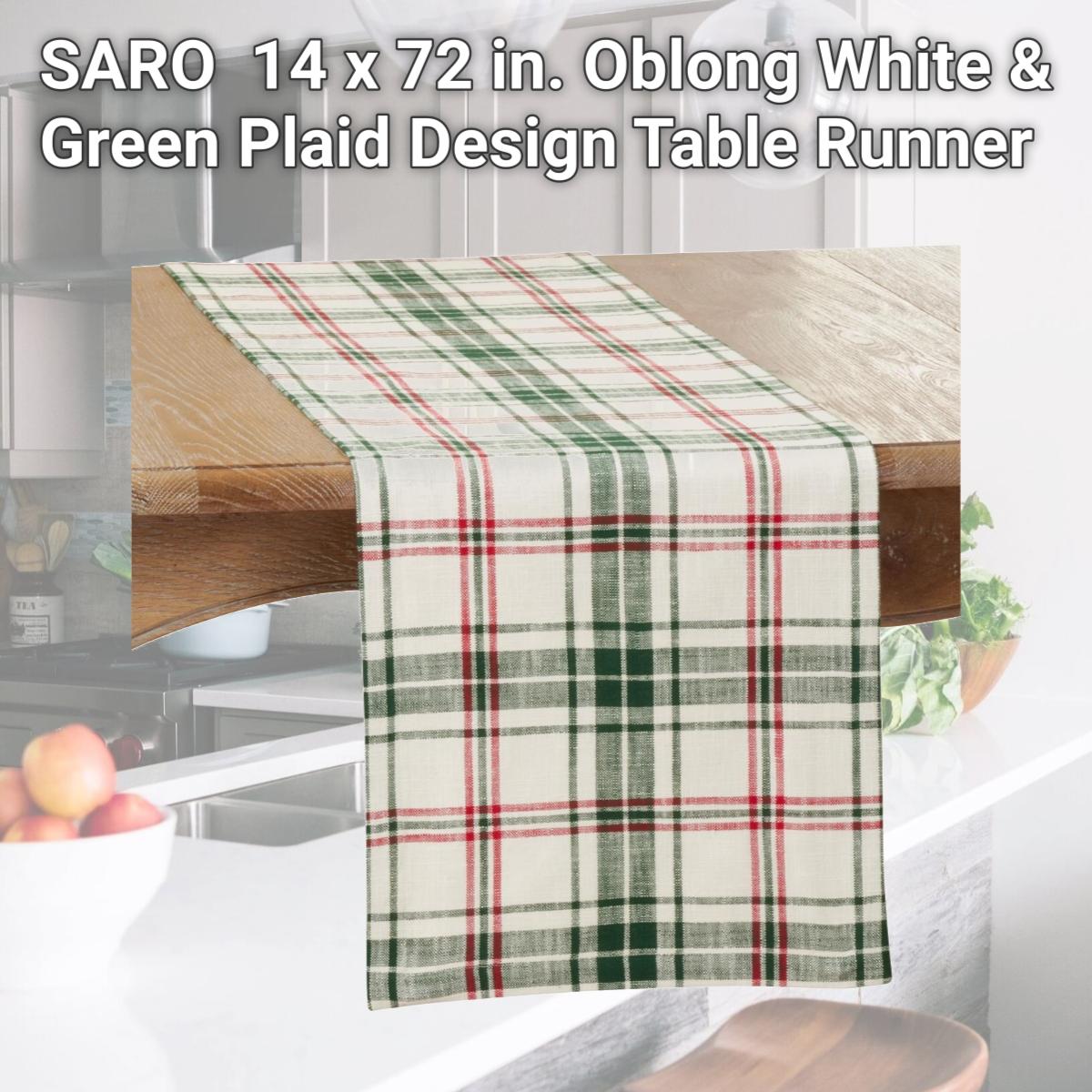 Picture of SARO 541.WG1472B 14 x 72 in. Oblong White &amp; Green Plaid Design Table Runner