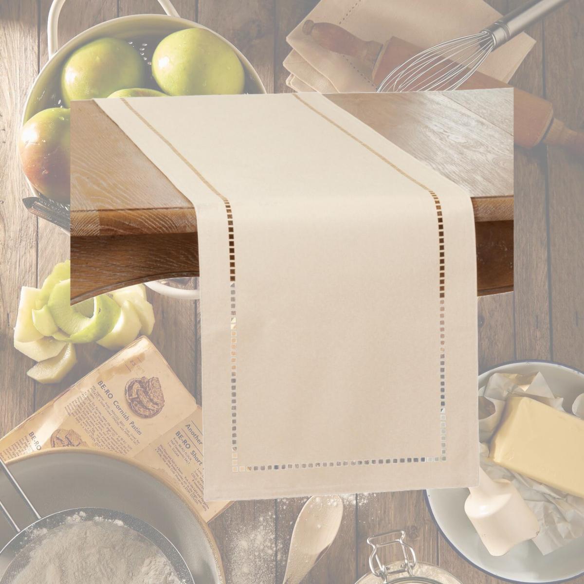 Picture of SARO 9738.I1454B 14 x 54 in. Oblong Ivory Laser-Cut Hemstitch Table Runner