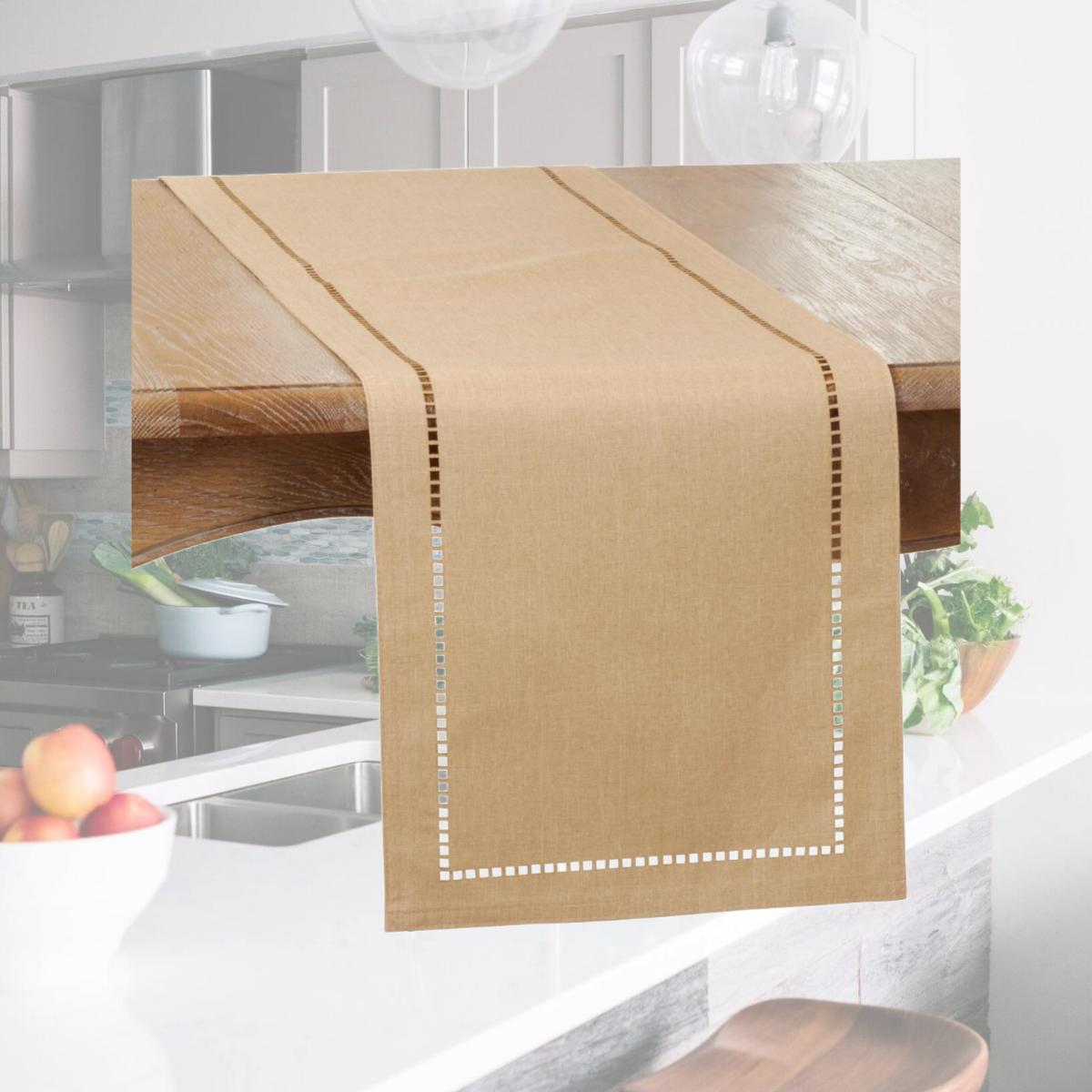 Picture of SARO 9738.N1490B 14 x 90 in. Oblong Natural Laser-Cut Hemstitch Table Runner