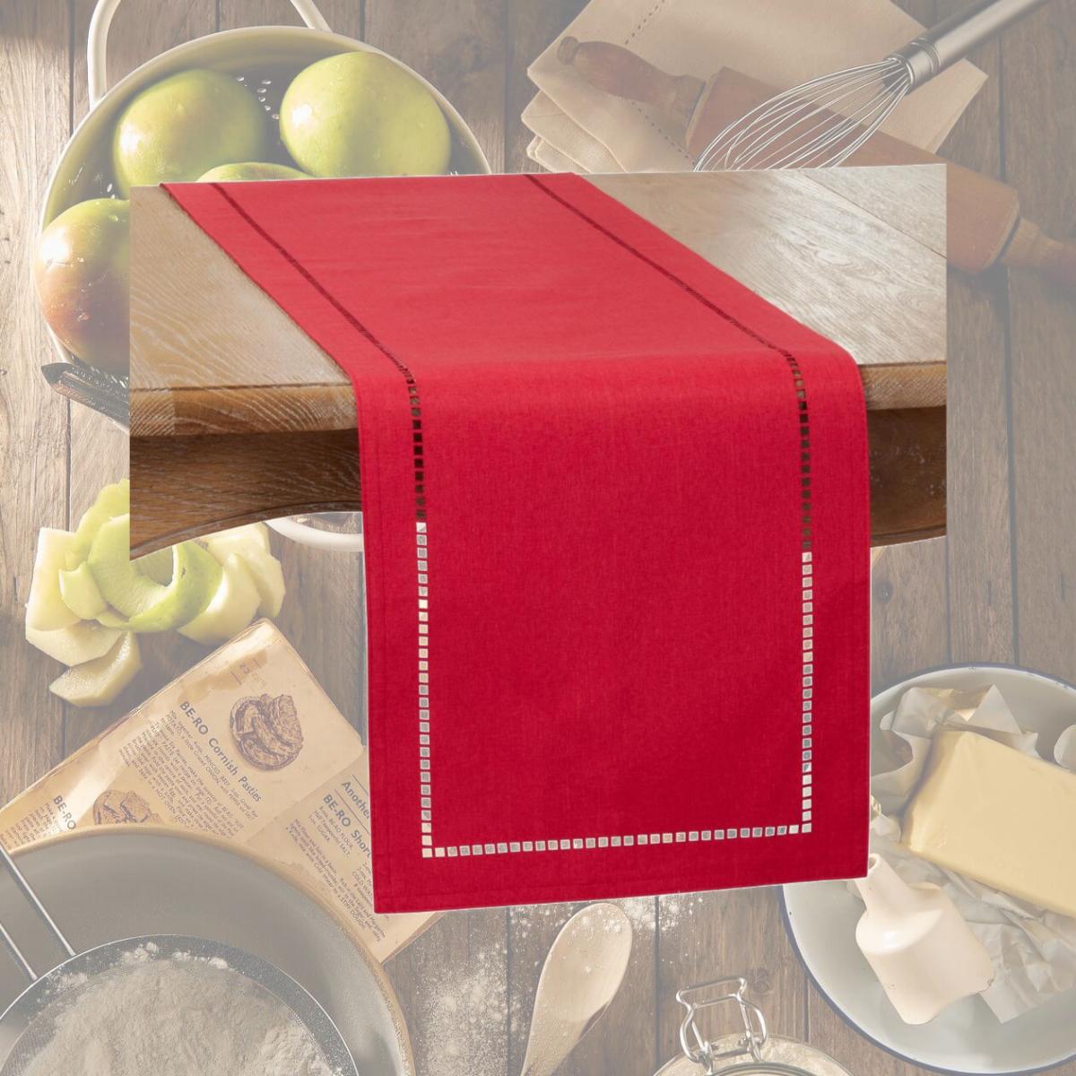 Picture of SARO 9738.R1490B 14 x 90 in. Oblong Red Laser-Cut Hemstitch Table Runner