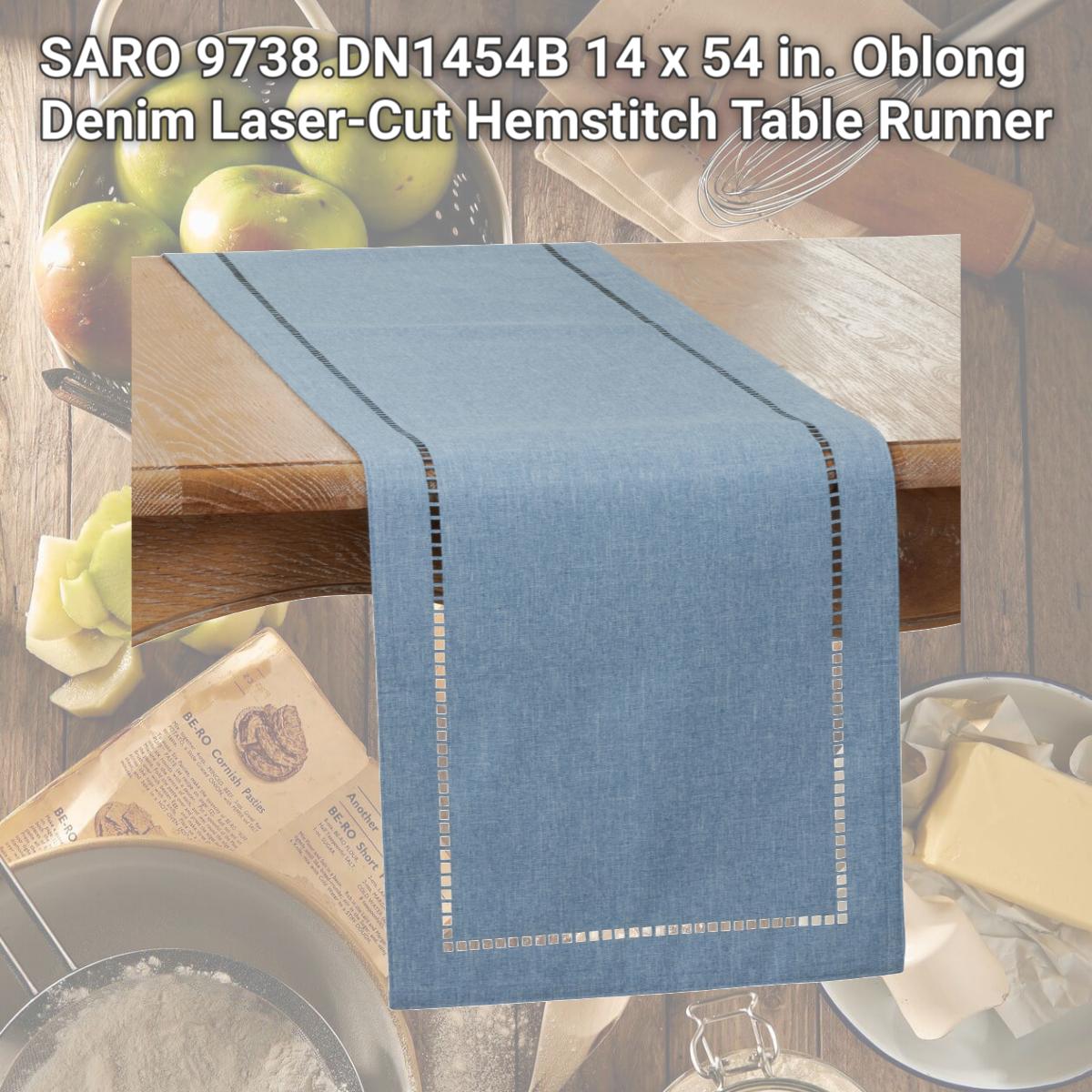 Picture of SARO 9738.DN1454B 14 x 54 in. Oblong Denim Laser-Cut Hemstitch Table Runner
