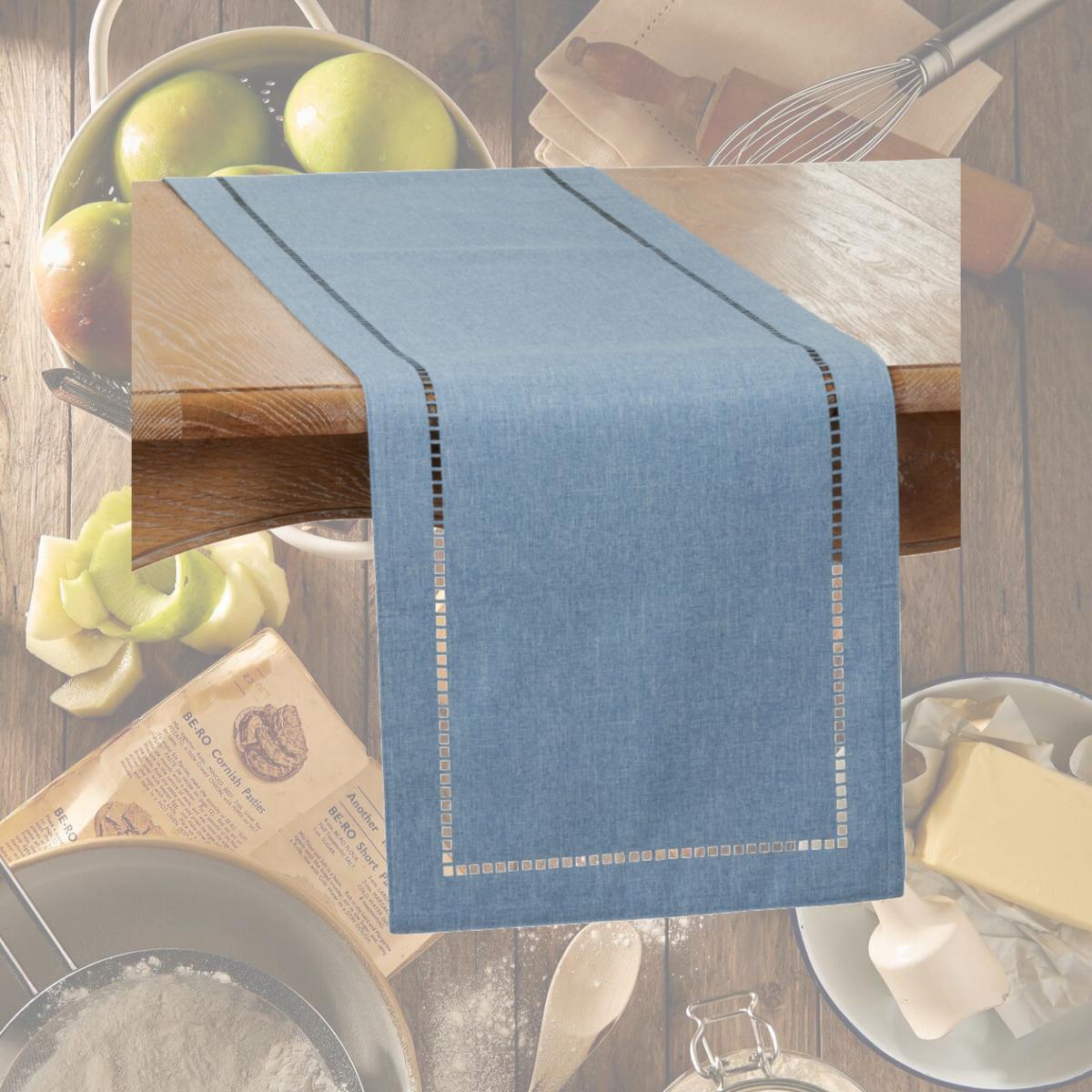 Picture of SARO 9738.DN1490B 14 x 90 in. Oblong Denim Laser-Cut Hemstitch Table Runner