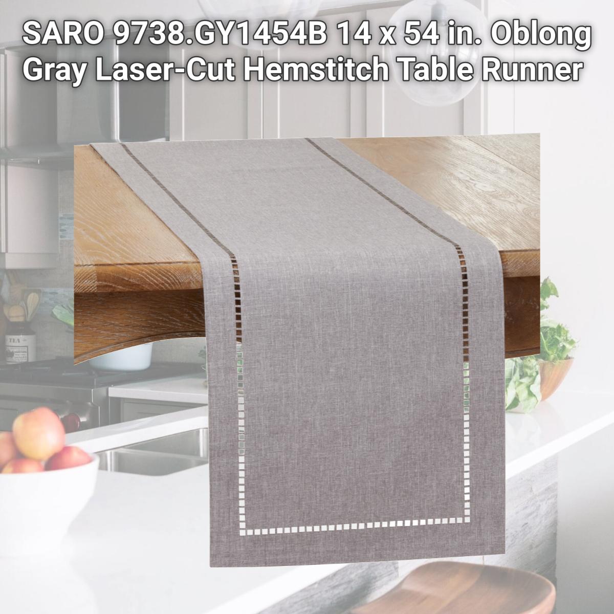 Picture of SARO 9738.GY1454B 14 x 54 in. Oblong Gray Laser-Cut Hemstitch Table Runner