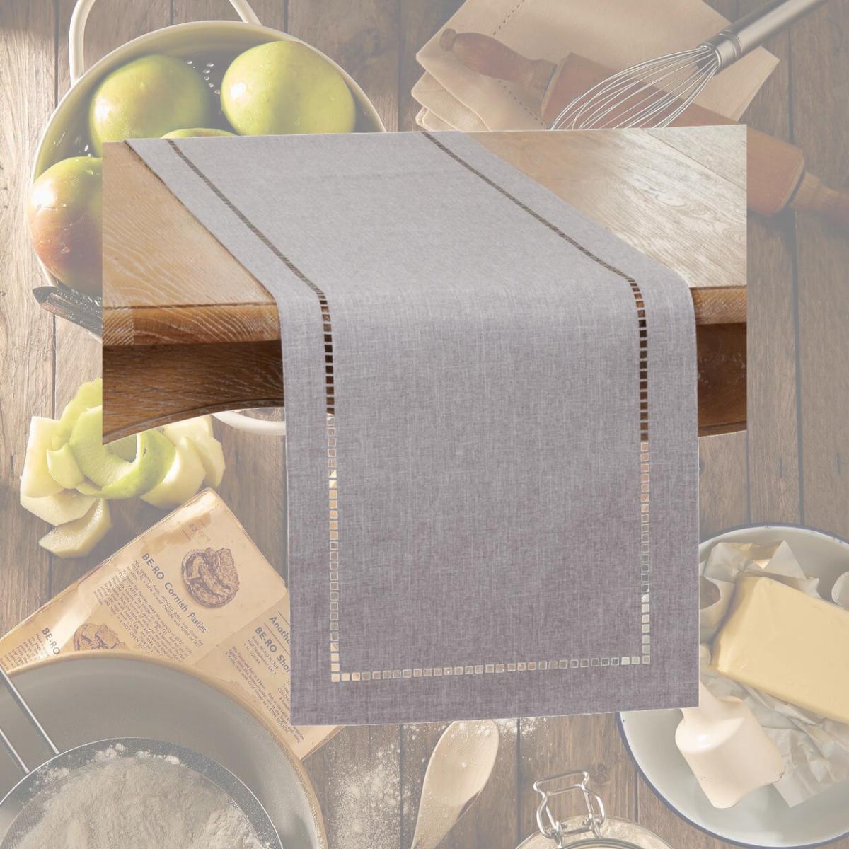 Picture of SARO 9738.GY1490B 14 x 90 in. Oblong Gray Laser-Cut Hemstitch Table Runner