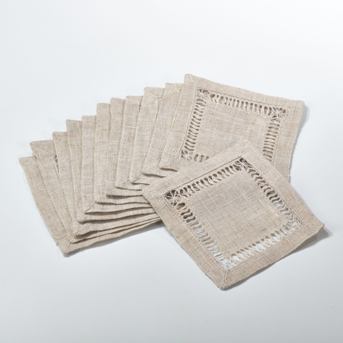 731.n6s 6 In. Square Hemstitched Coaster - Natural, Set Of 12