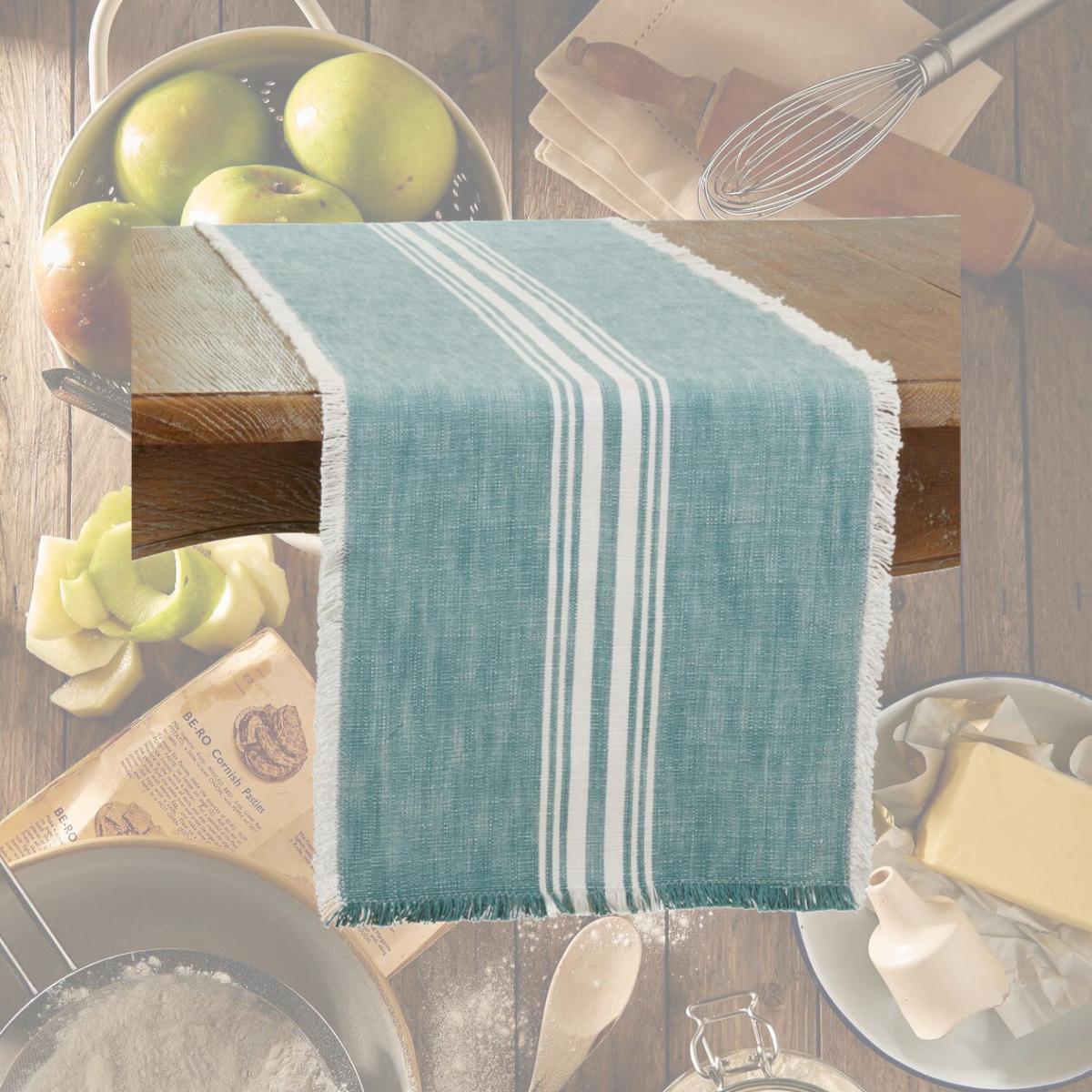 Picture of Saro 1919.TQ1372B 13 x 72 in. Striped Fringe Oblong Table Runner, Turquoise