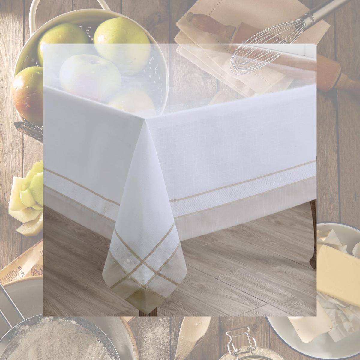 Picture of Saro 351.N72S 72 in. Banded Border Square Tablecloth, Natural