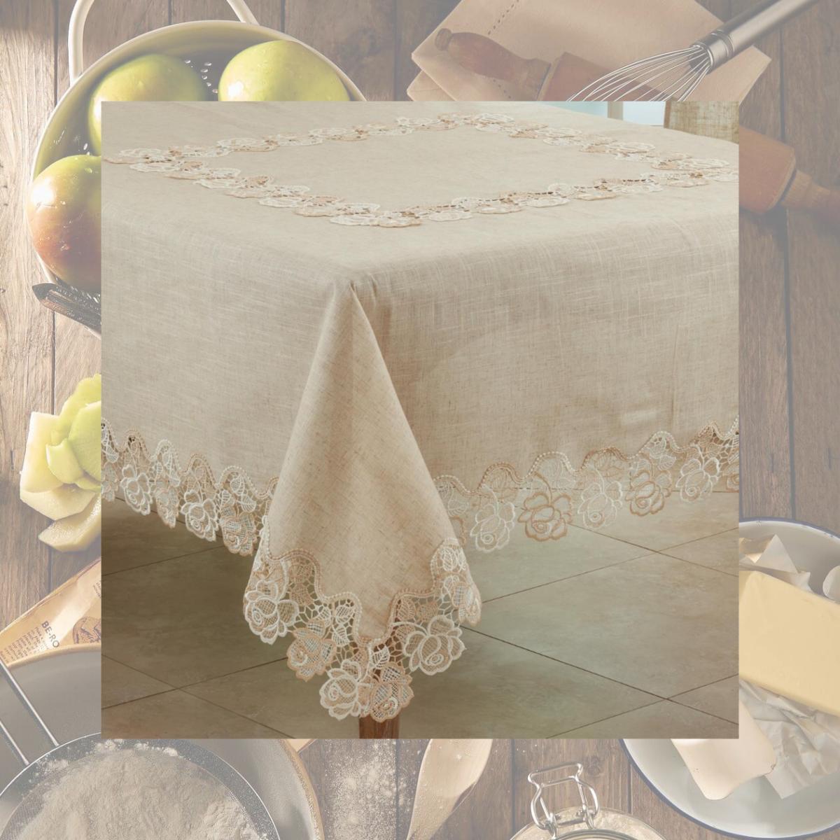 Picture of Saro 7082.N72S 72 in. Lace Rose Border Square Tablecloth, Natural