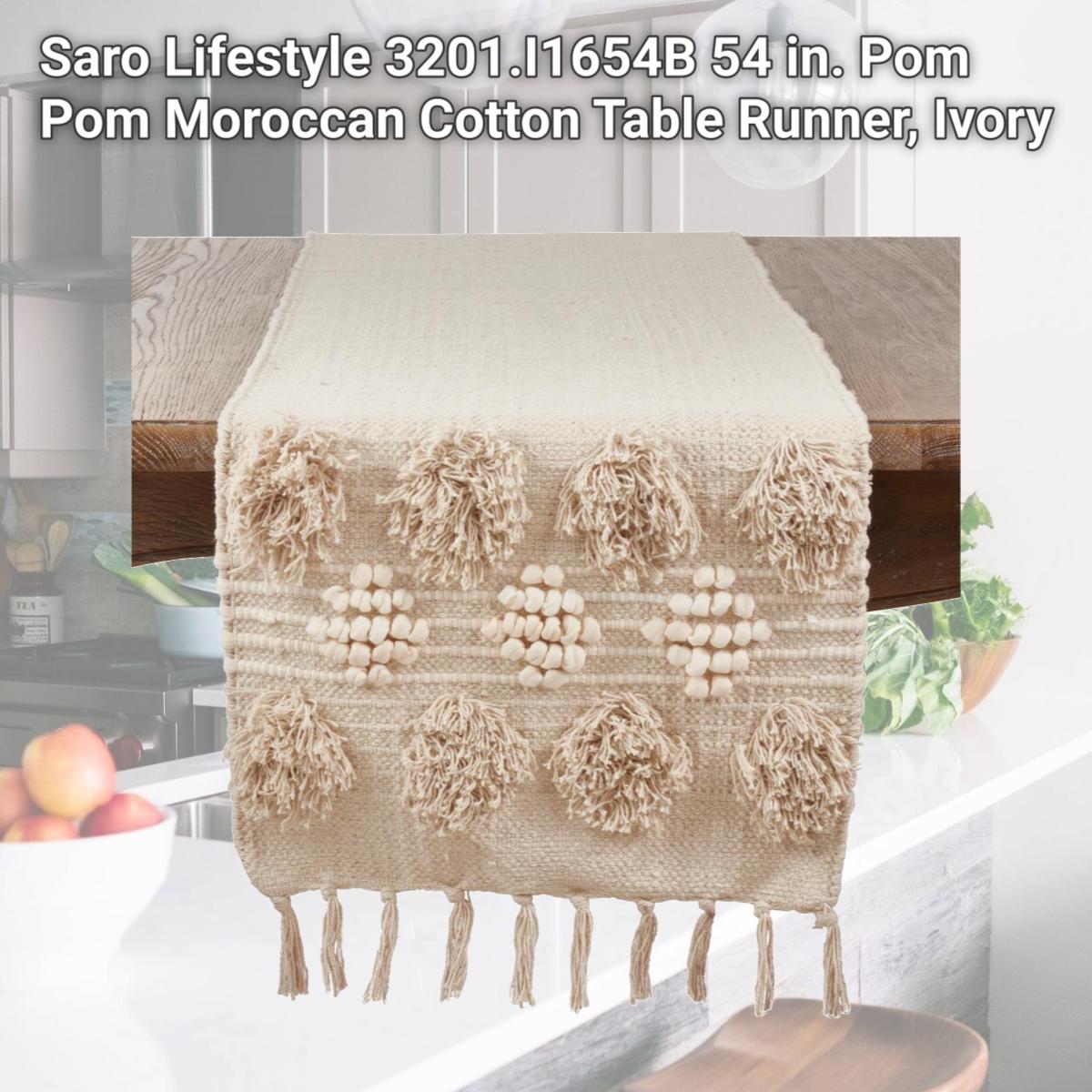 Picture of Saro Lifestyle 3201.I1654B 54 in. Pom Pom Moroccan Cotton Table Runner, Ivory