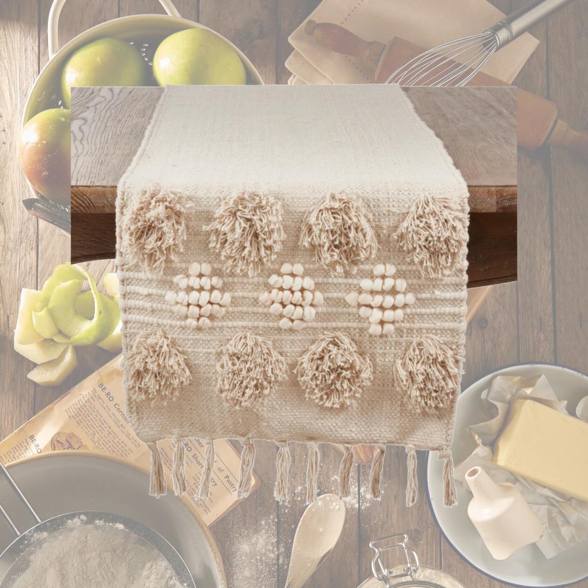 Picture of Saro Lifestyle 3201.I1654B 54 in. Pom Pom Moroccan Cotton Table Runner, Ivory