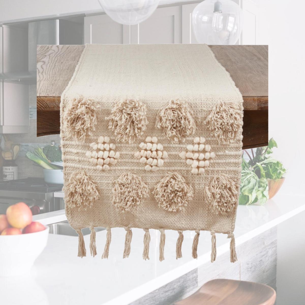 Picture of Saro Lifestyle 3201.I1690B 90 in. Pom Pom Moroccan Cotton Table Runner, Ivory