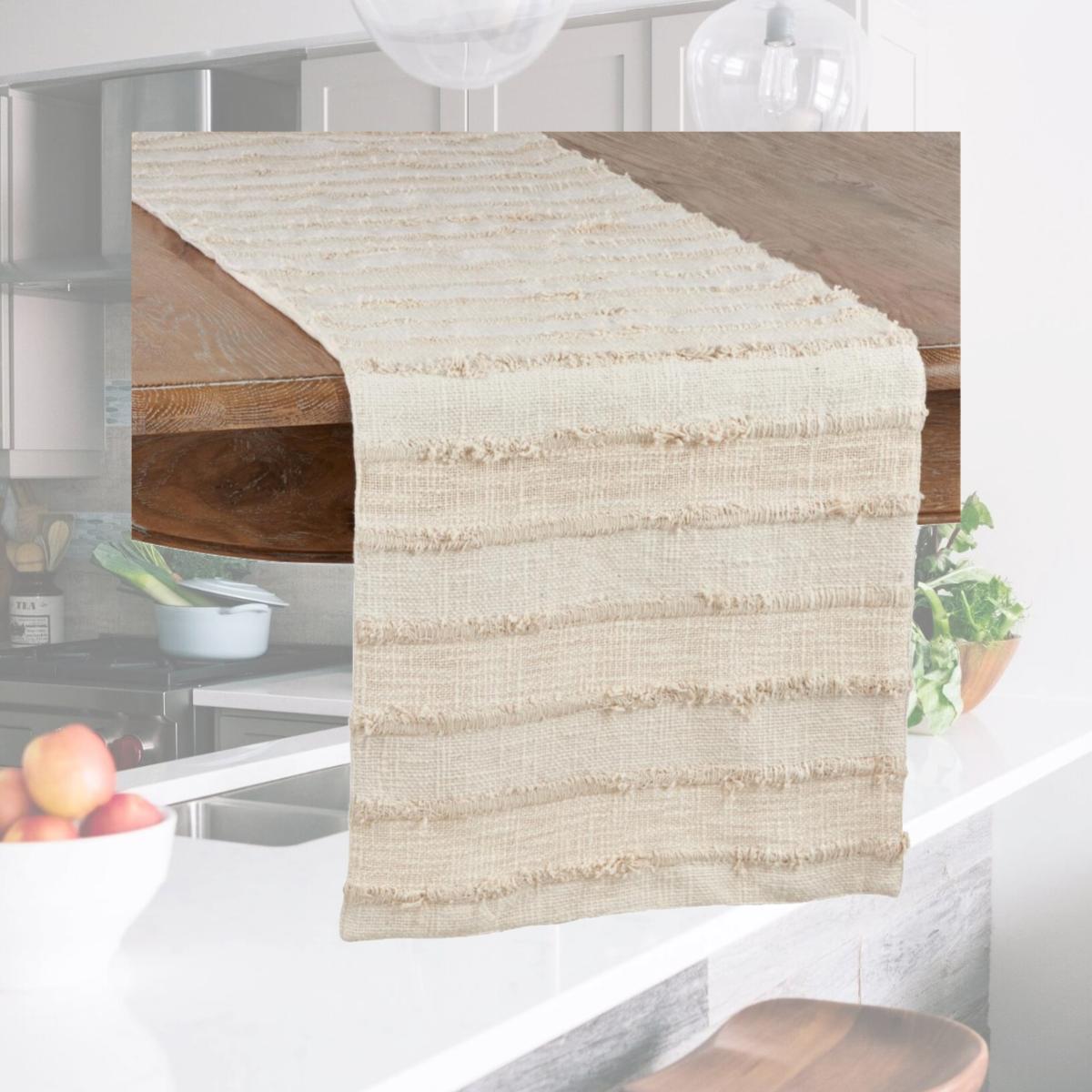 Picture of Saro Lifestyle 9010.I1654B 16 x 54 in. Fringe Stripe Table Runner, Ivory