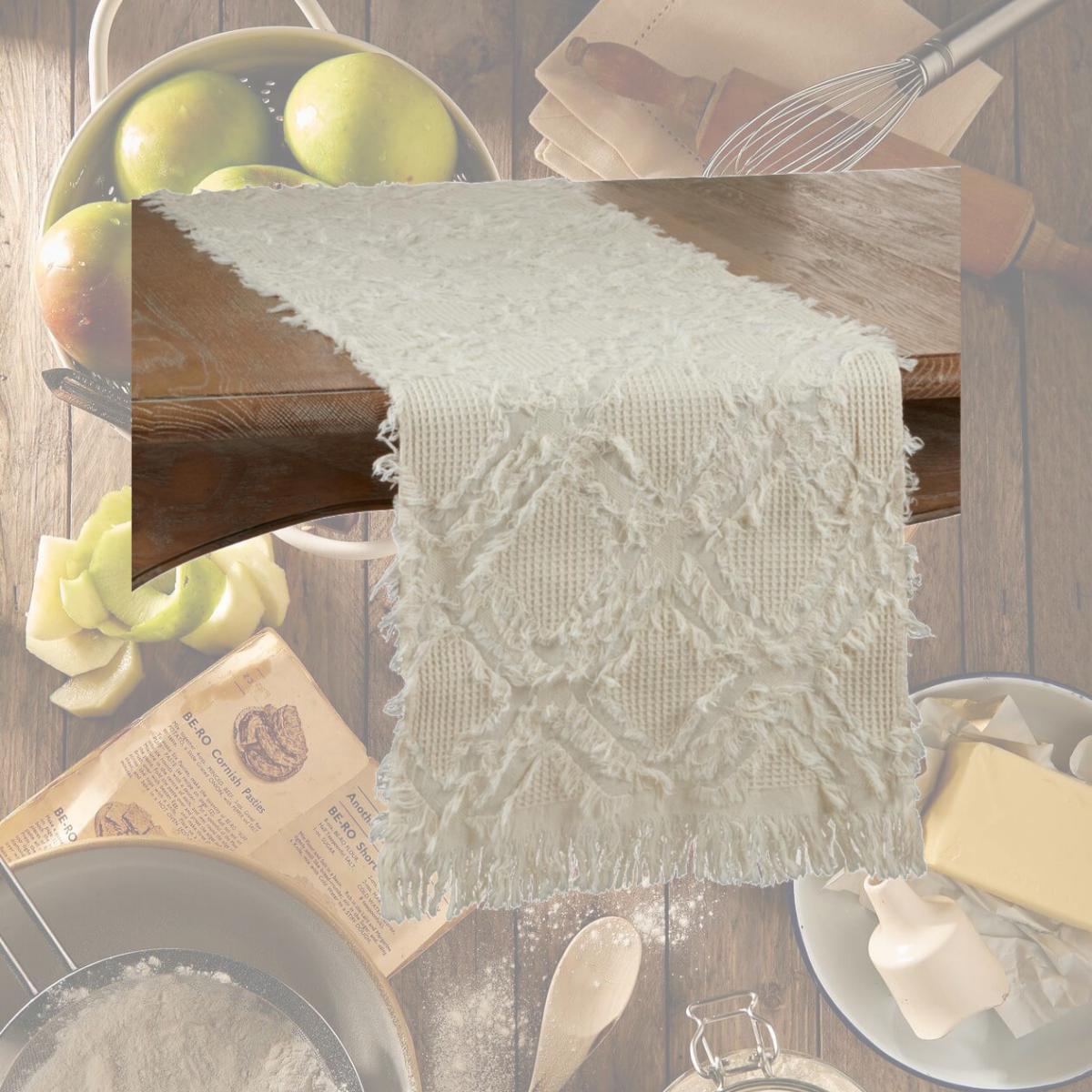 Picture of Saro Lifestyle 1877.I1690B 90 in. Fringe Waffle Weave Table Runner, Ivory