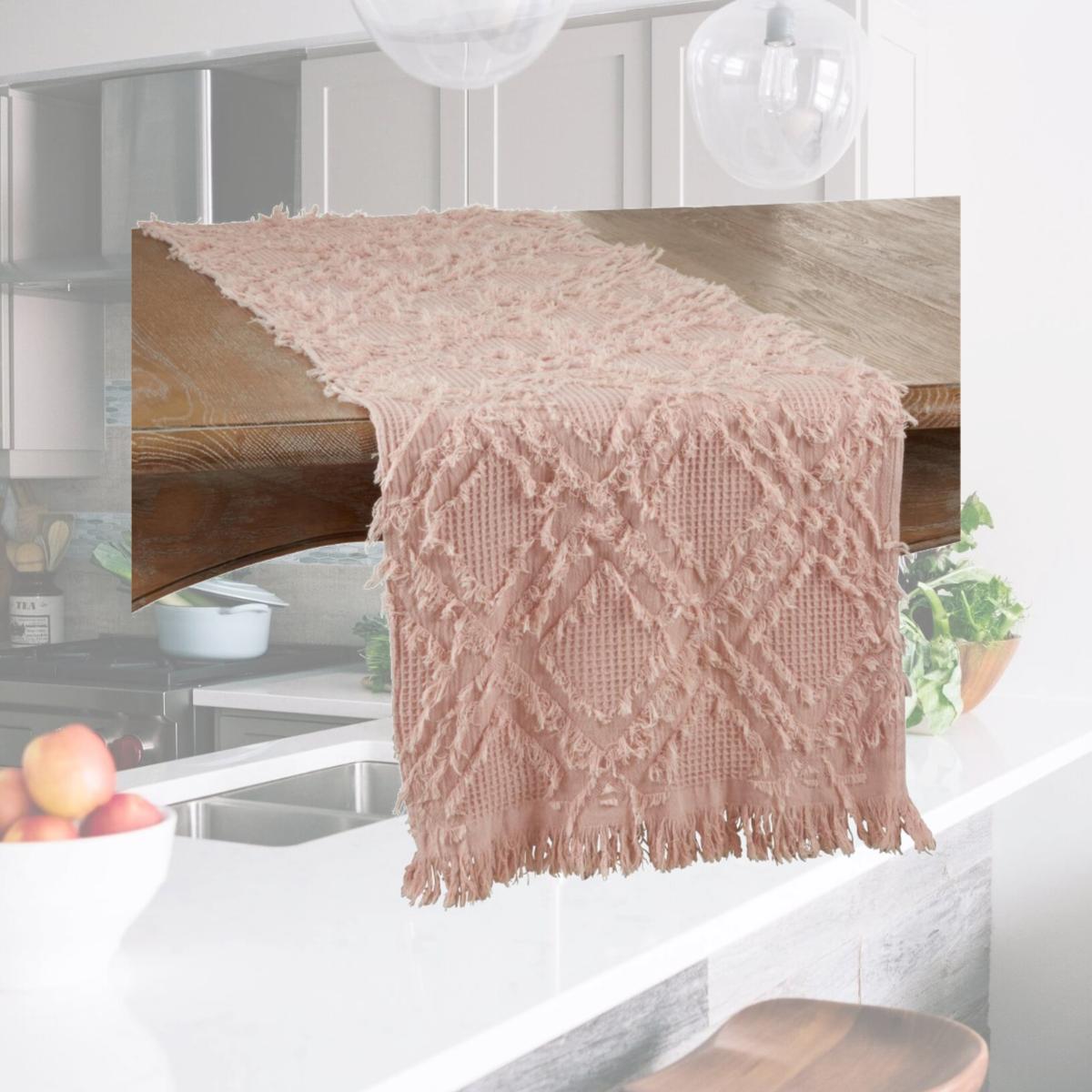 Picture of Saro Lifestyle 1877.RS1690B 90 in. Fringe Waffle Weave Table Runner, Rose