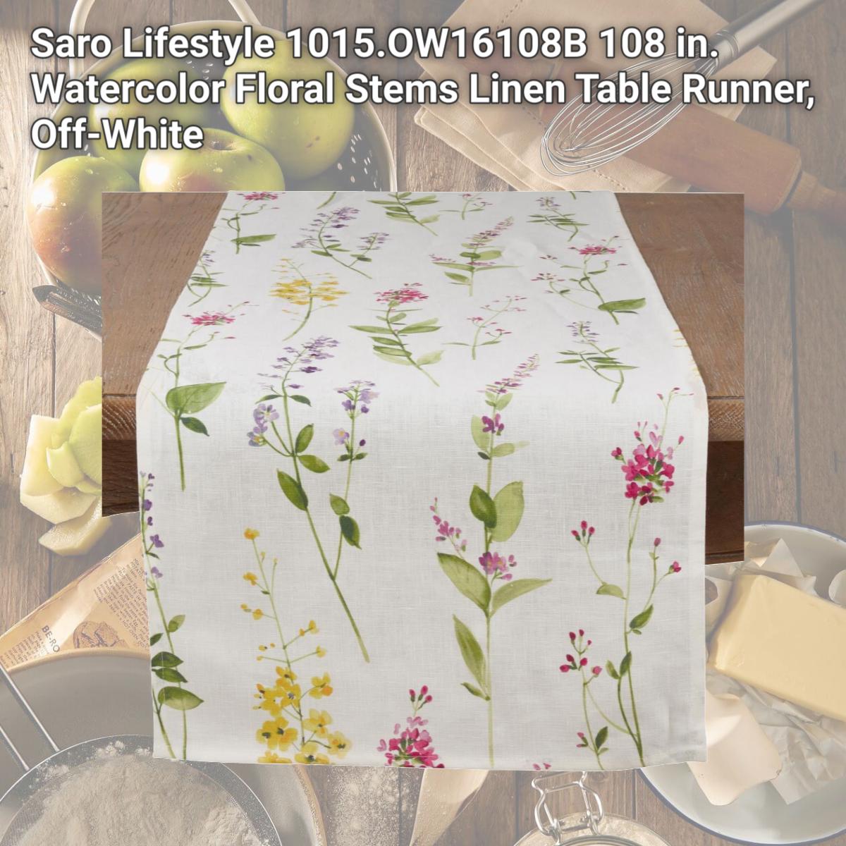 Picture of Saro Lifestyle 1015.OW16108B 108 in. Watercolor Floral Stems Linen Table Runner, Off-White