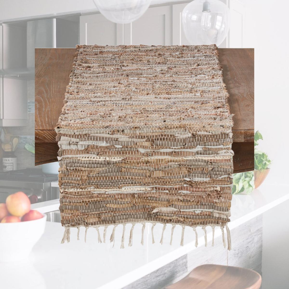 Picture of Saro Lifestyle 4875.N16120B 16 x 120 in. Chindi Design Leather & Cotton Table Runner, Natural