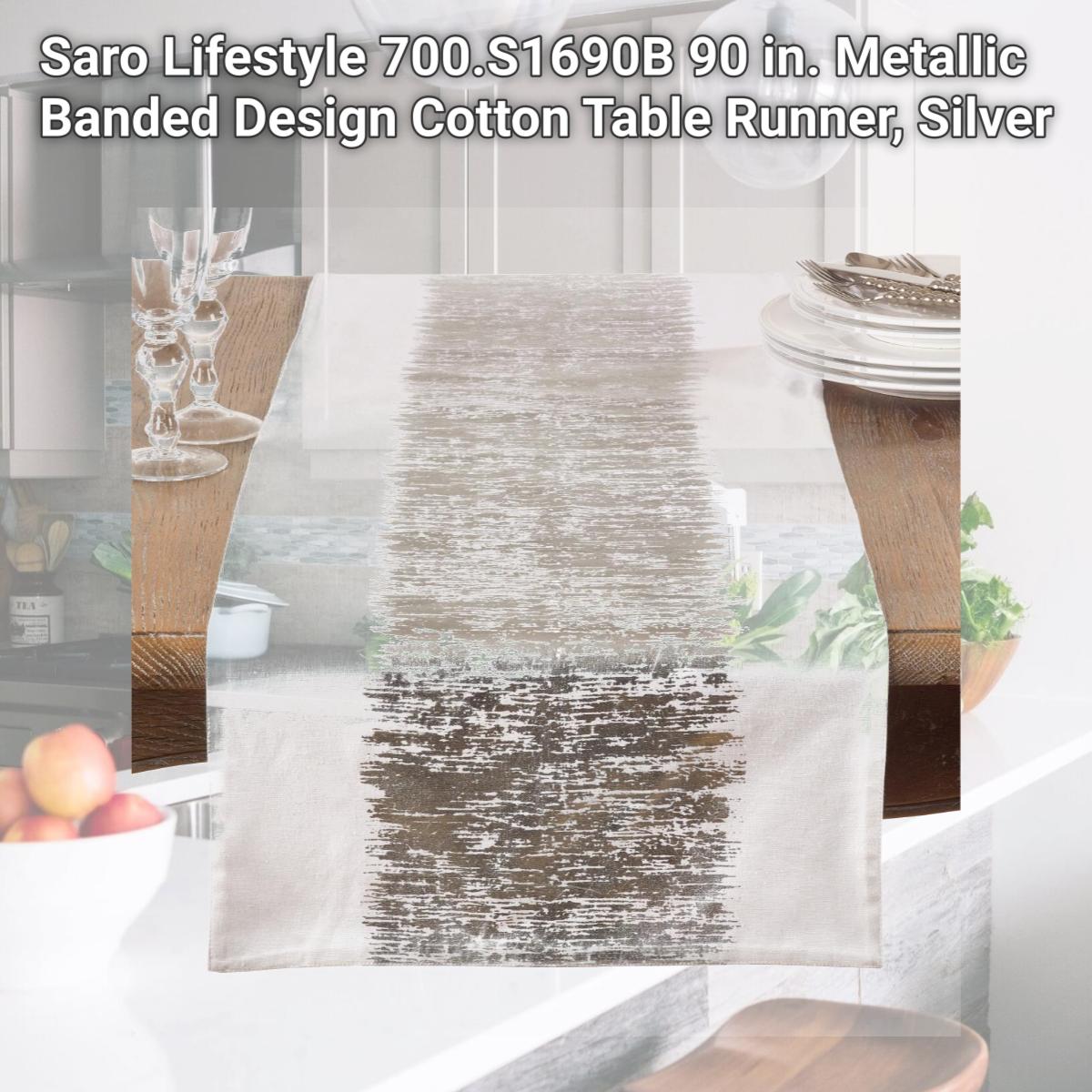 Picture of Saro Lifestyle 700.S1690B 90 in. Metallic Banded Design Cotton Table Runner, Silver