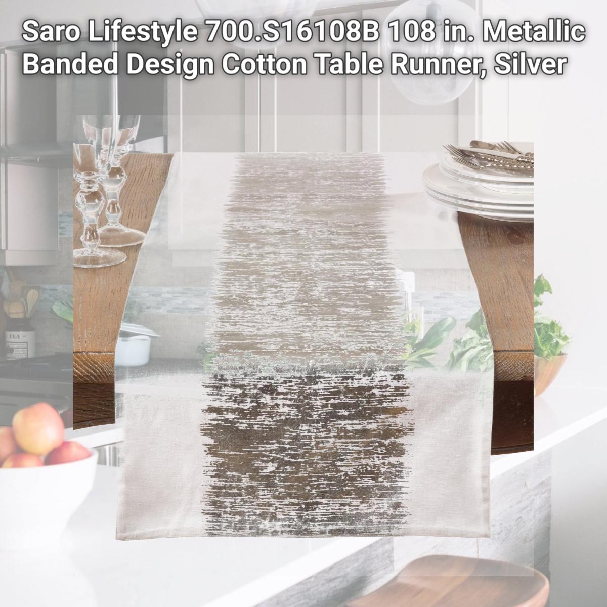Picture of Saro Lifestyle 700.S16108B 108 in. Metallic Banded Design Cotton Table Runner, Silver