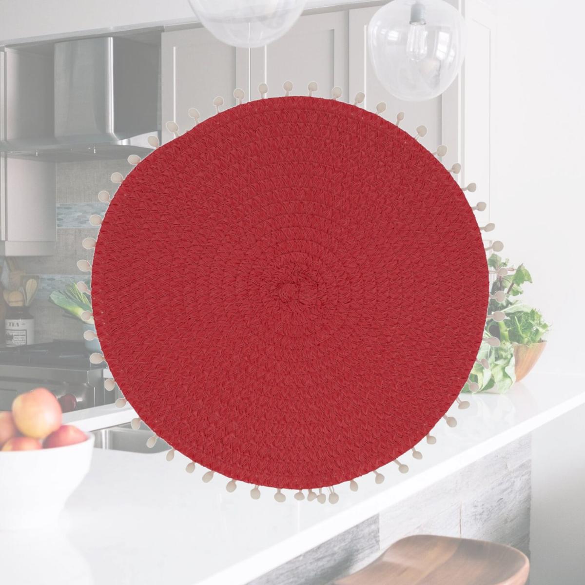 Picture of Saro Lifestyle 2802.R15R 15 in. Pom Pom Round Placemat, Red - Set of 4