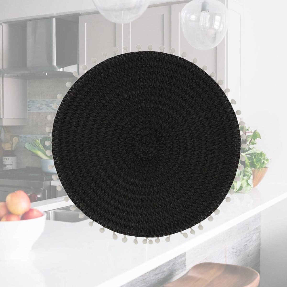 Picture of Saro Lifestyle 2802.BK15R 15 in. Pom Pom Round Placemat, Black - Set of 4