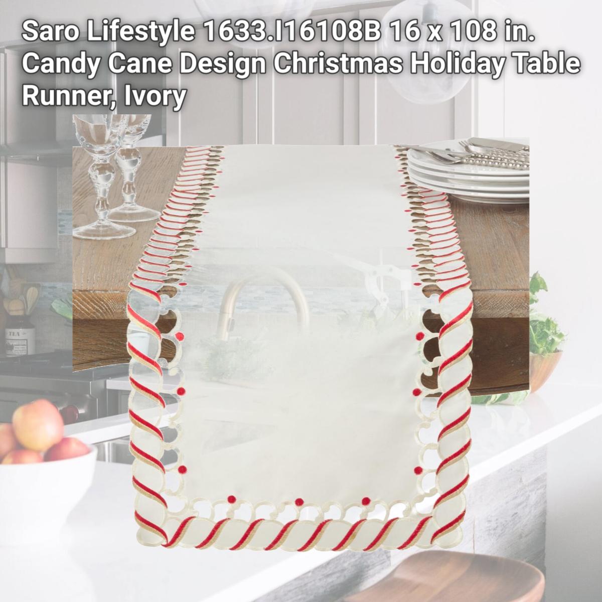Picture of Saro Lifestyle 1633.I16108B 16 x 108 in. Candy Cane Design Christmas Holiday Table Runner, Ivory