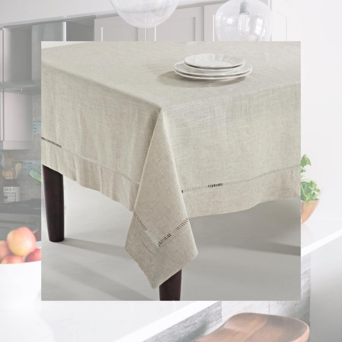 Picture of Saro Lifestyle 731.N6584B 65 x 84 in. Poly & Linen Blend Toscana Tablecloth with Hemstitch Border, Natural