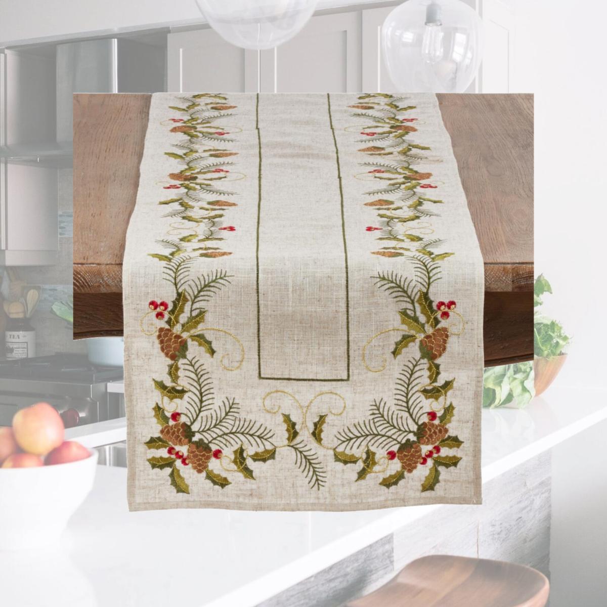 Picture of Saro Lifestyle 1851.N16108B 16 x 108 in. Embroidered Pinecone & Holly Table Runner, Natural
