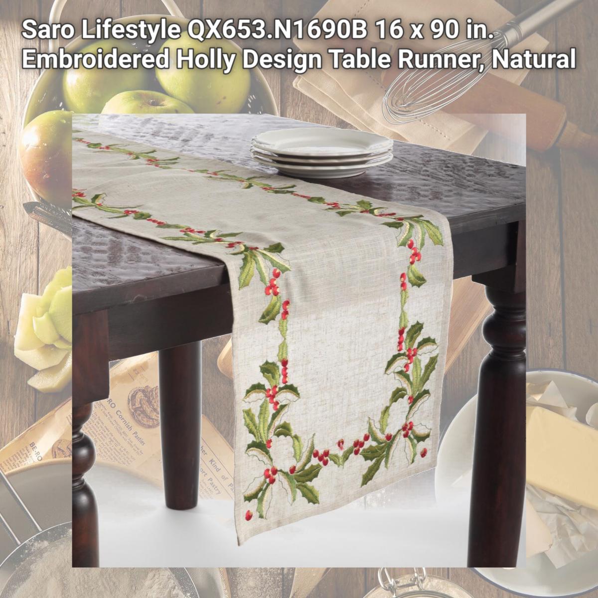 Picture of Saro Lifestyle QX653.N1690B 16 x 90 in. Embroidered Holly Design Table Runner, Natural