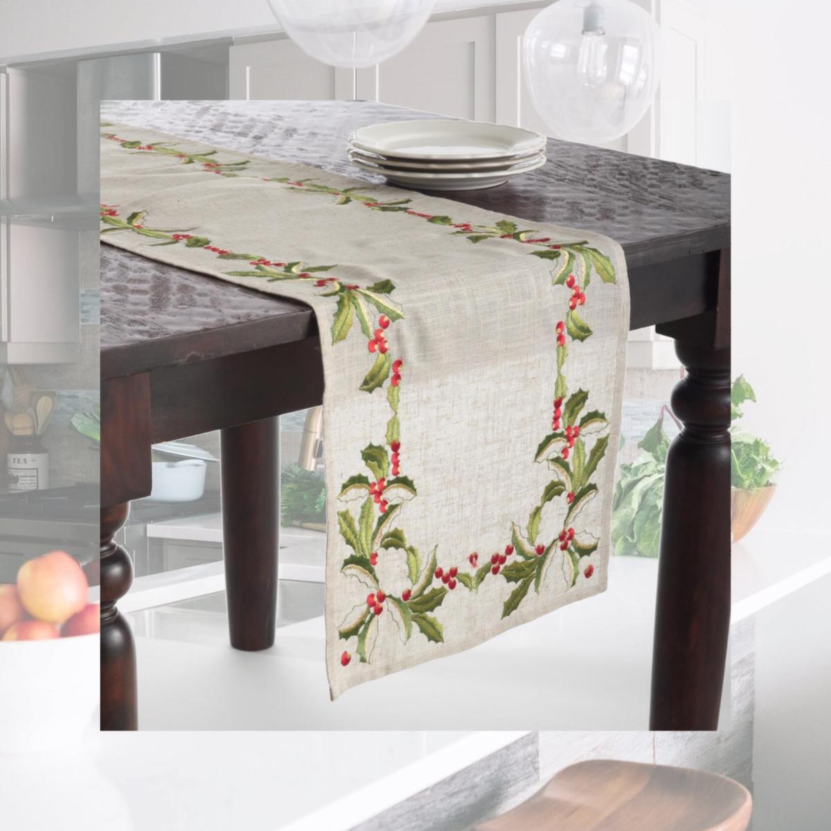 Picture of Saro Lifestyle QX653.N1690B 16 x 90 in. Embroidered Holly Design Table Runner, Natural