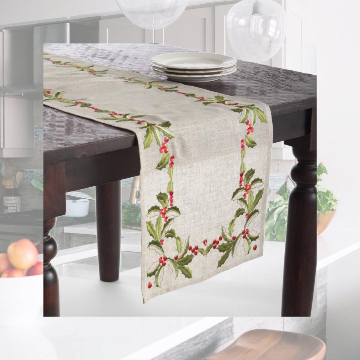 Picture of Saro Lifestyle QX653.N16108B 16 x 108 in. Embroidered Holly Design Table Runner, Natural