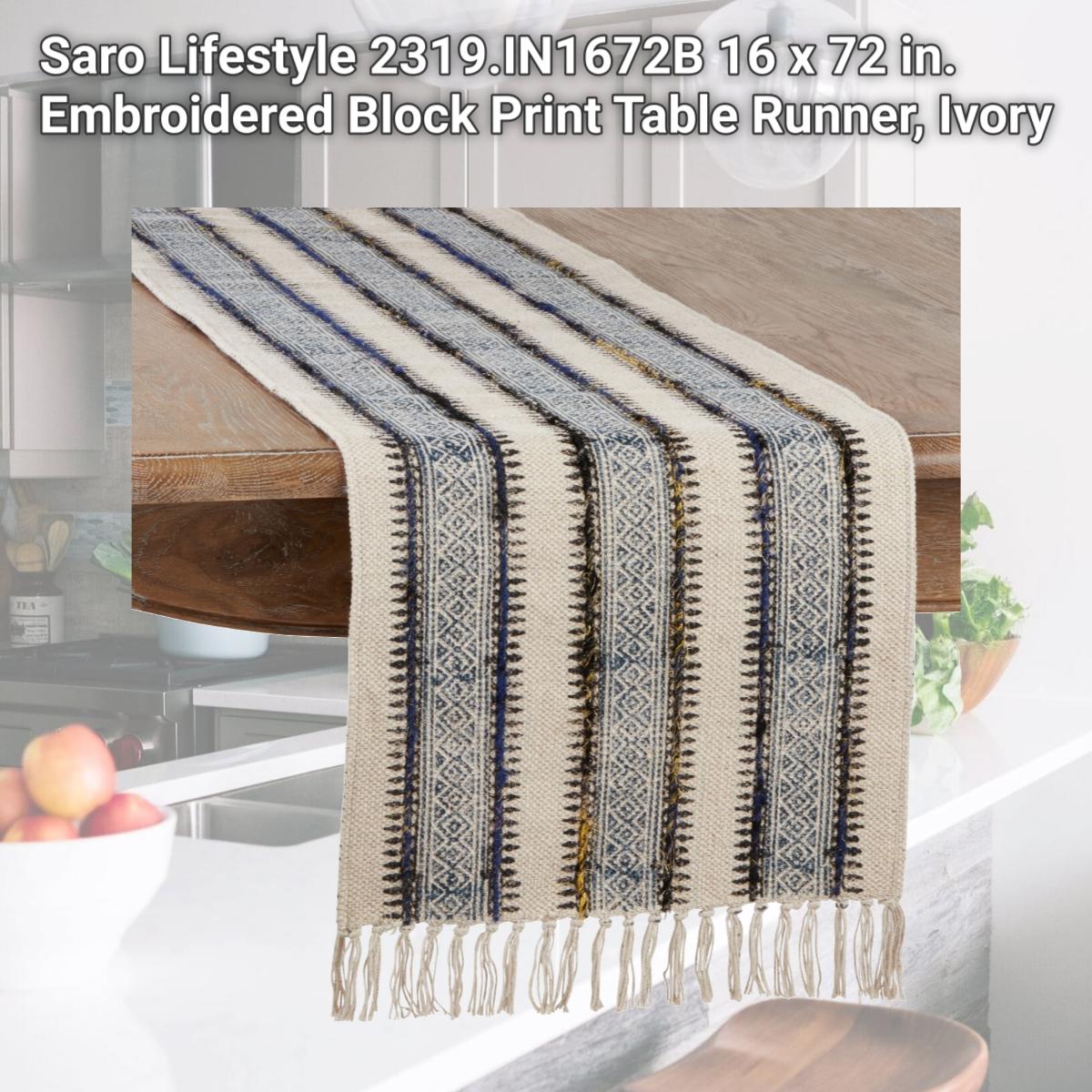 Picture of Saro Lifestyle 2319.IN1672B 16 x 72 in. Embroidered Block Print Table Runner, Ivory