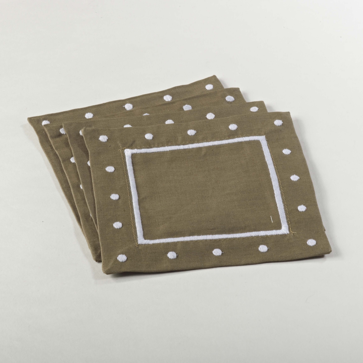 7551.ol6s 6 In. Hampton Bay Square Embroidered Coaster With Dotted Border - Olive, Set Of 4
