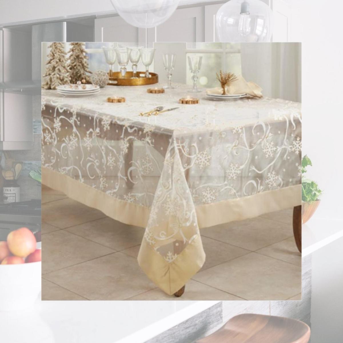 Picture of Saro Lifestyle XJ366.GL65104B 65 x 104 in. Printed Snowflake & Ribbon Tablecloth, Gold
