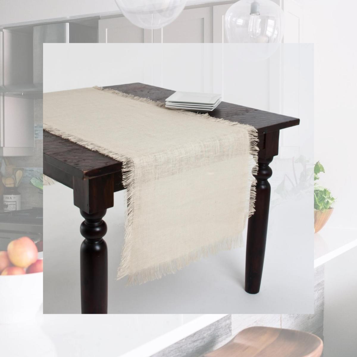 Picture of SARO JU209.I20108B 20 x 10 in. Mari Sati Rectangle Fringed Jute Table Runner - Ivory