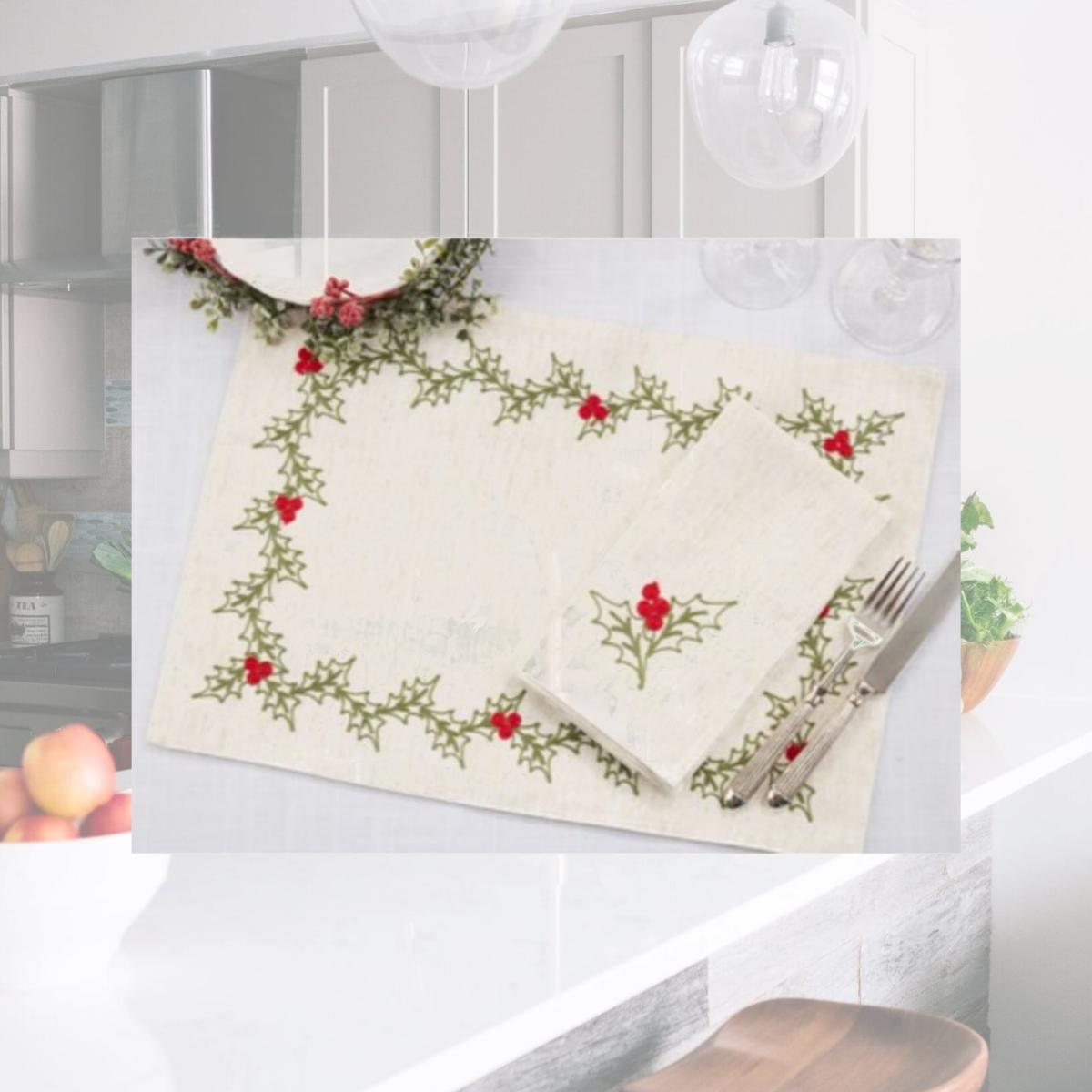 Picture of Saro Lifestyle 8076.N 14 x 20, 20 x 20 in. Embroidered Holly Placemat & Napkin Set (4 Placemats + 4 Napkins)