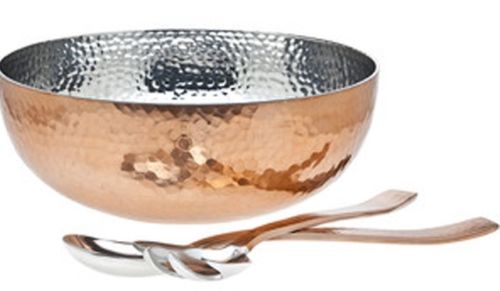 92251 Stainless Steel Copper Plated Hammered Salad Bowl With 2 Server, 3 Piece