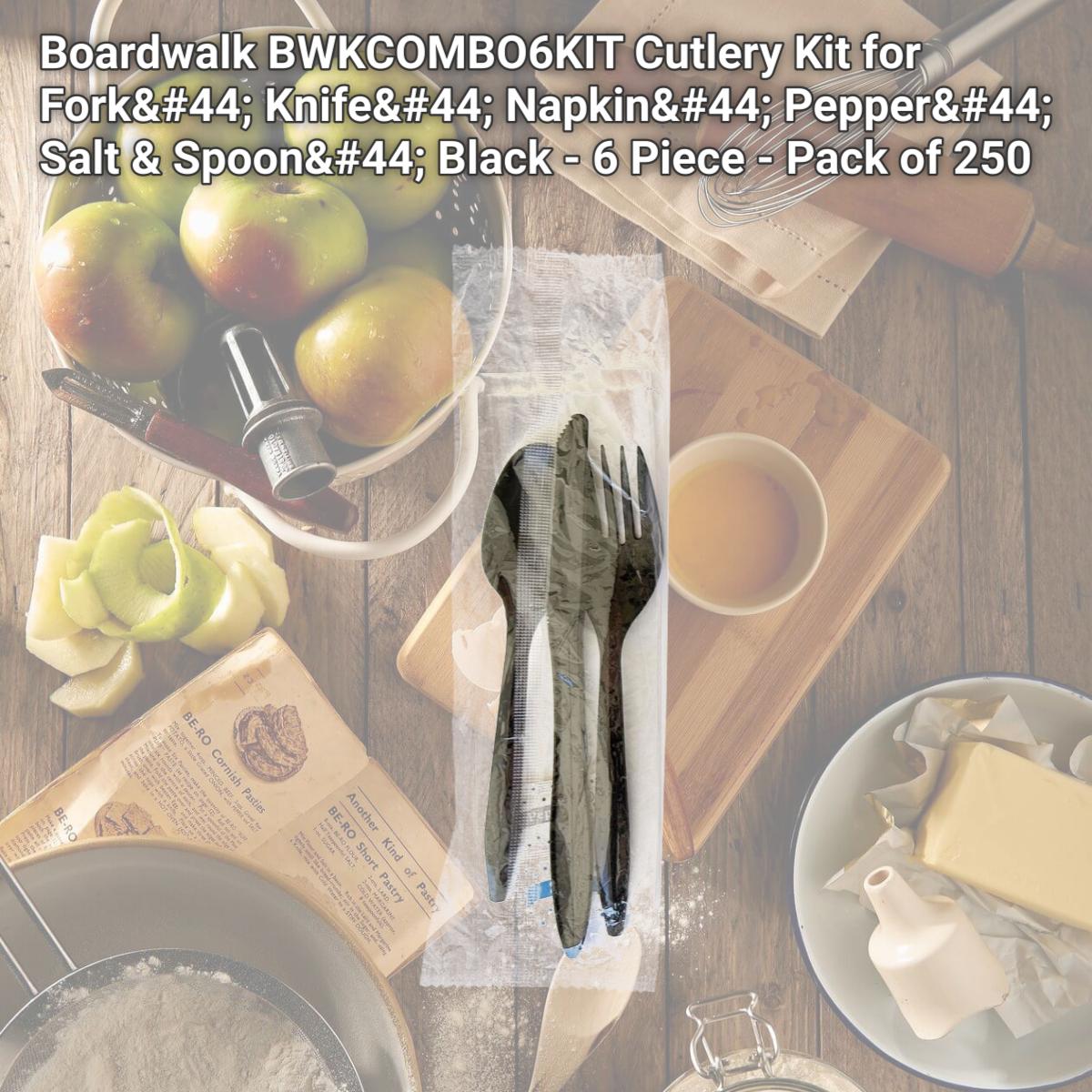 Picture of Boardwalk BWKCOMBO6KIT Cutlery Kit for Fork, Knife, Napkin, Pepper, Salt & Spoon, Black - 6 Piece - Pack of 250